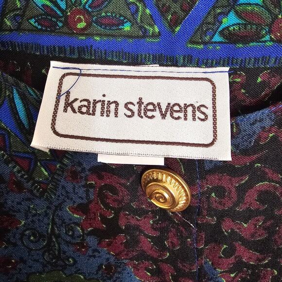 Vintage Karin Stevens Cropped Button Top Blazer Paisley Teal Gold Office Indie - Picture 2 of 6